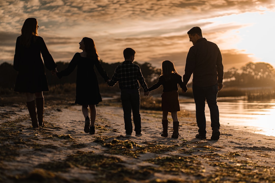 Family walk at sunset